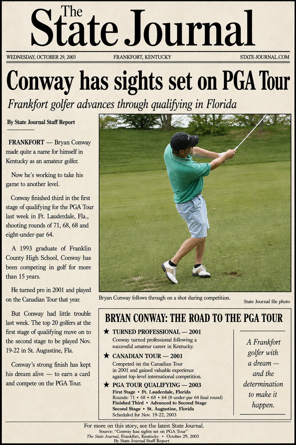 Conway Has Sights Set on PGA Tour — The State Journal, October 29, 2003